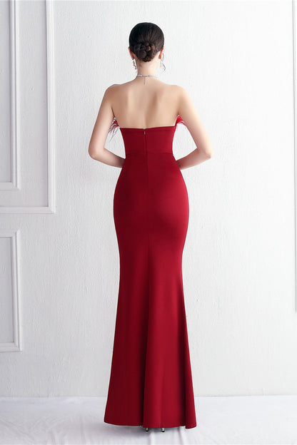 Elegant Feather Trim Strapless Formal Dress