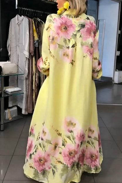 Alice Linen Blend Floral Print Long Sleeve Midi Shirt and Elastic Waist Pocketed Loose Pants Set