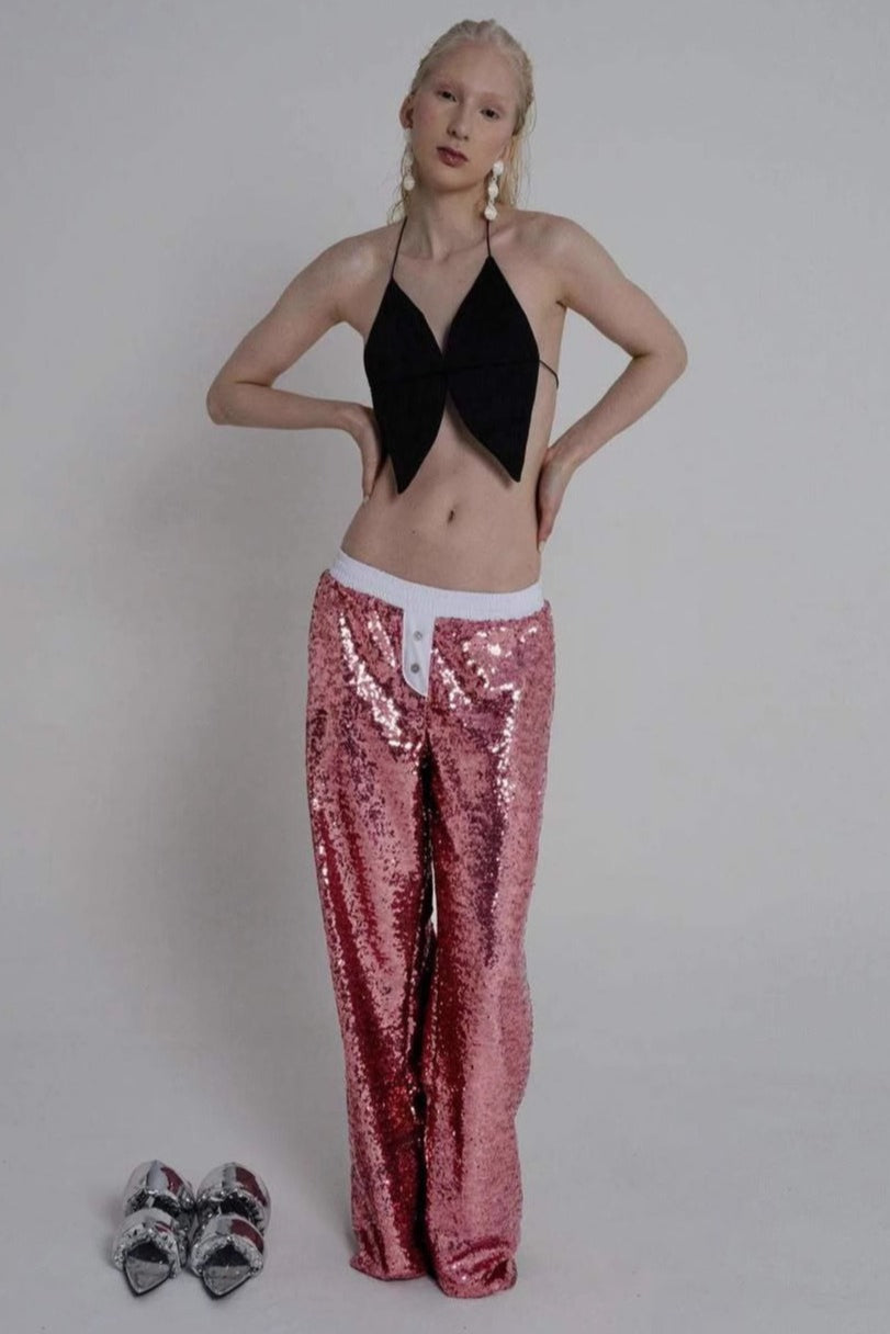 Sequin Color Block Slim Loose Pants