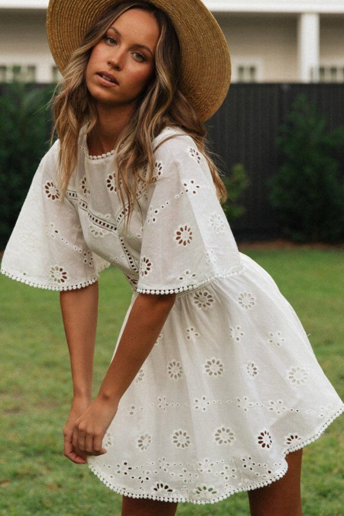 Cutout Round Neck Short Sleeve Boho Dress