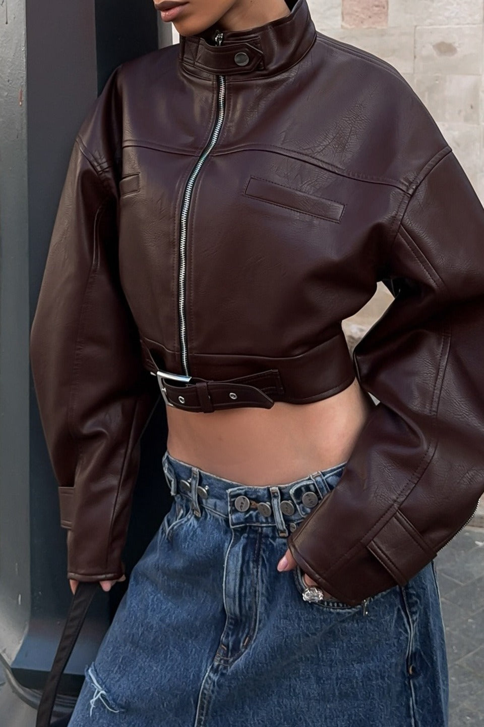 Retro Moto Stand Collar Zip Leather Jacket
