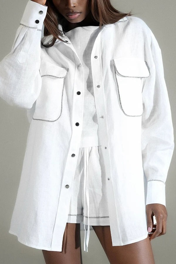 Alanah Linen Blend Silver Tirm Long Sleeve Pocket Oversized Shirt Jacket