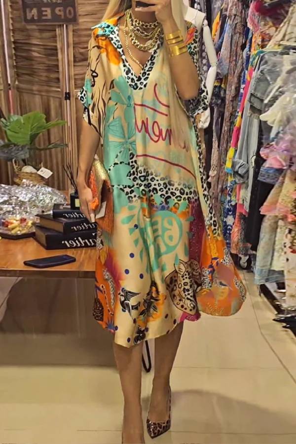 Graffiti Print Leopard Trim V-Neck Loose Dress
