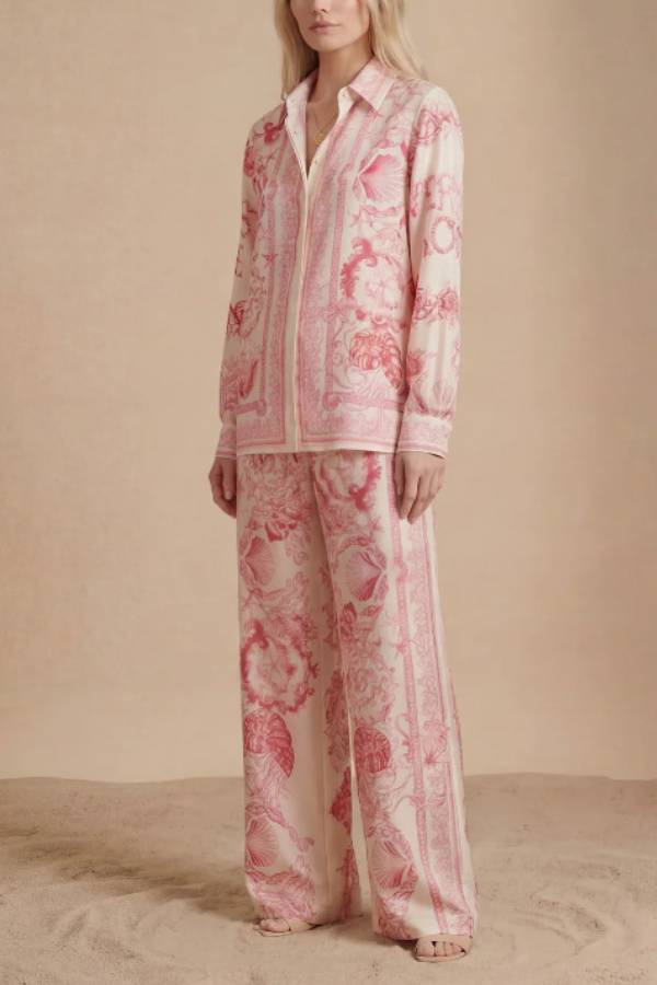 Ocean Shell Baroque Printed Satin Long Sleeve Shirt & Wide Leg Pants Vacation Two-Piece Set
