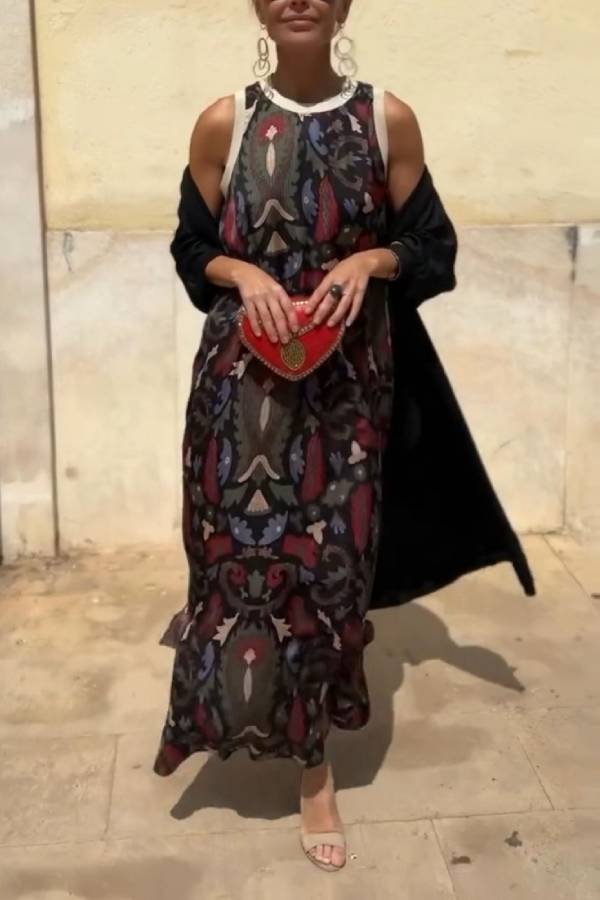 Sleeveless Printed Maxi Dress + Longline Cardigan Cover-Up Set
