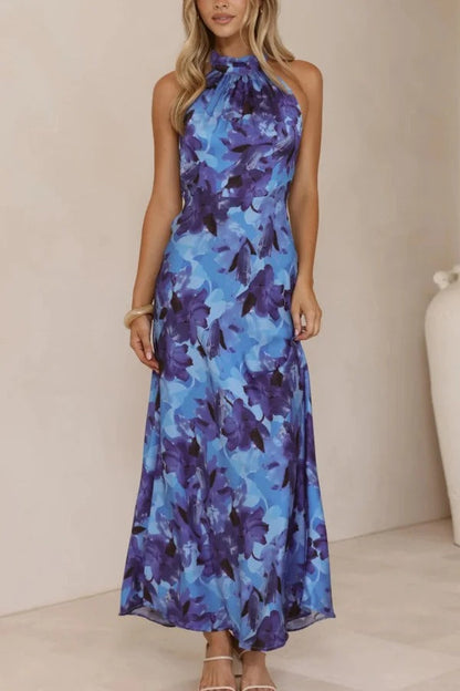 Floral Print Sleeveless Halter Neck Tie Holiday Maxi Dress