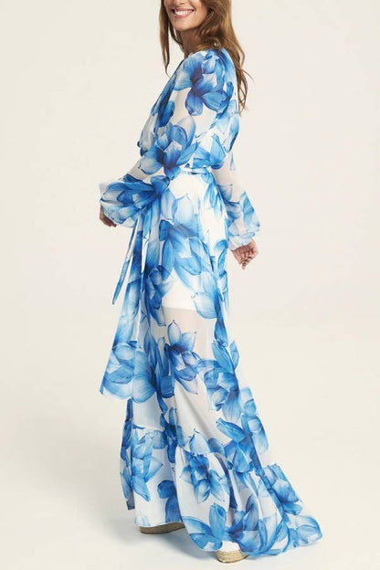 Island Girl Floral Print V-neck Long Sleeve Tie Slit Holiday Maxi Dress