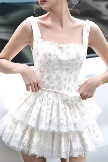 Square Neck Lace Layered Mini Floral Dress