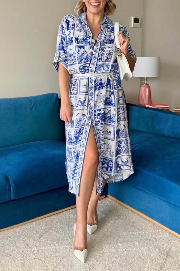 Unique Greek Floral Print Button-Front Midi Dress
