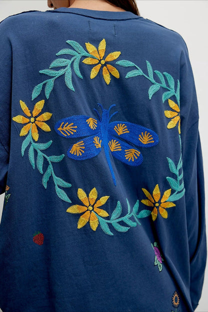 Floral Bee Embroidered Crew Neck Sweatshirt