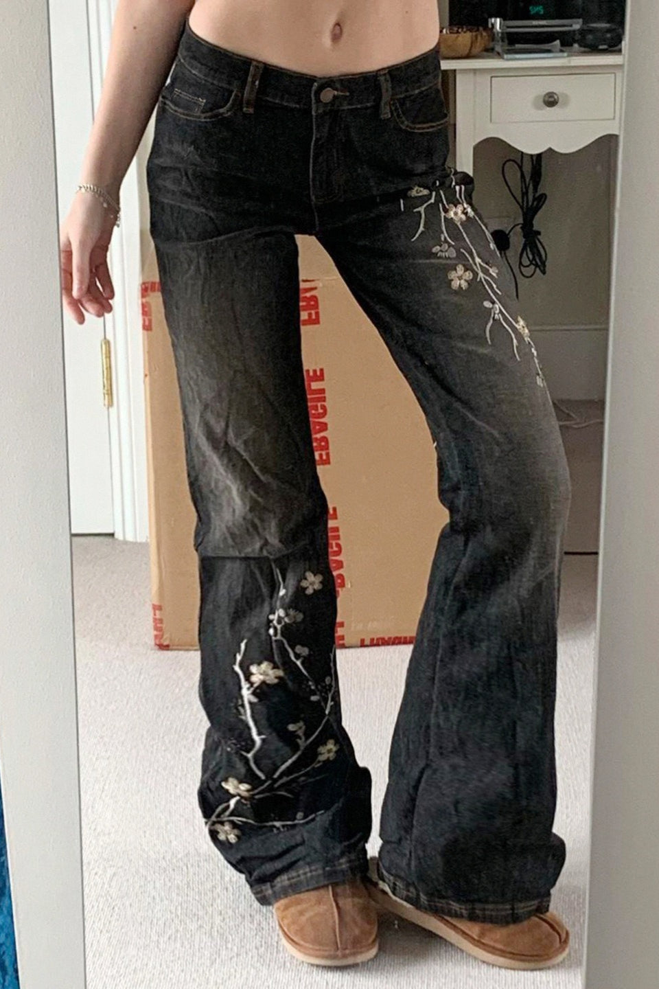 Floral Embroidered Low Rise Flare Jeans