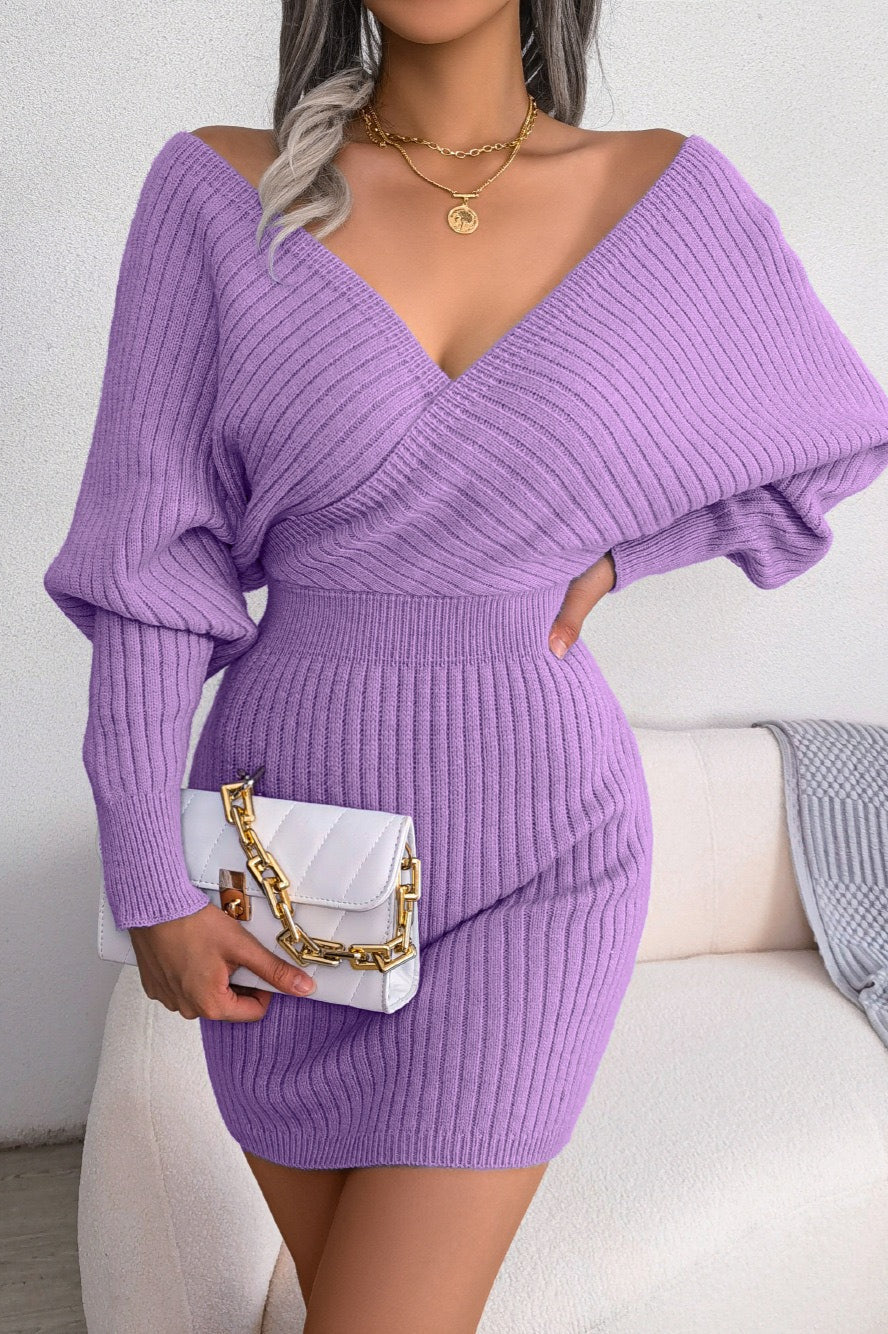 Cross V-Neck Batwing Fitted Sweater Dress