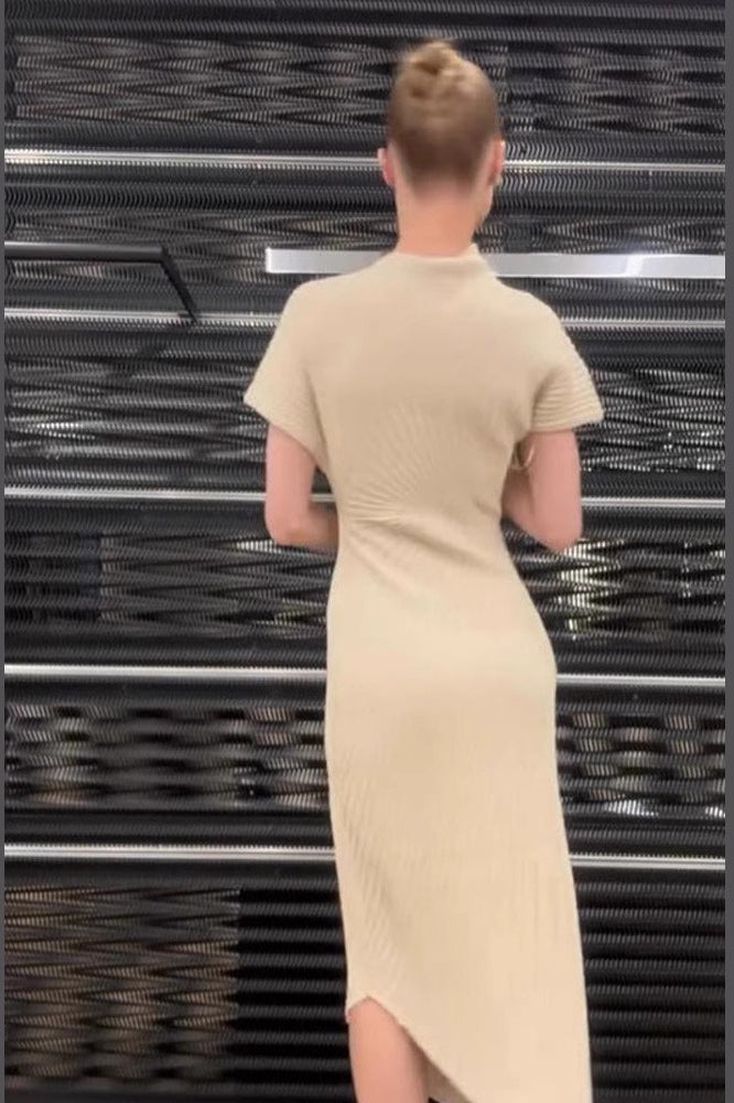 Solid Ribbed Pleated Slit Slim Elegant Sweater Dress