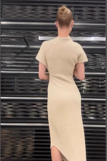 Solid Ribbed Pleated Slit Slim Elegant Sweater Dress