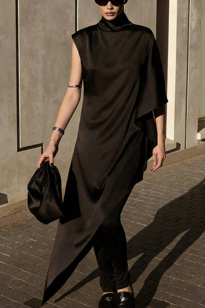 Kallena Satin High Neck Irregular Sleeves Midi Top and High Rise Pocket Loose Pants Set