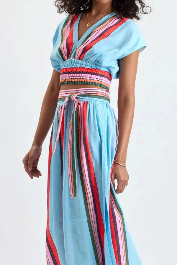 Stylish Striped Print V-neck Cropped Top and Elastic Waist Casual Maxi Skirt Set