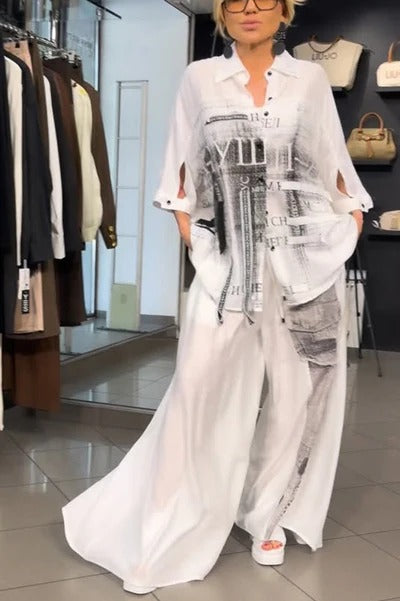 Street Style Graffiti Print Button Half Sleeve Blouse and Elastic Waist Pocket Wide Leg Pants Set