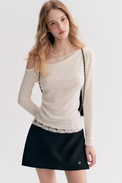 Lace Trim One Shoulder Slim Long Sleeve Blouse
