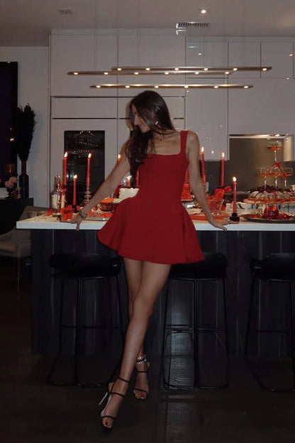 Square Neck Wide Strap Princess Seam Fit and Flare Skater Mini Dress