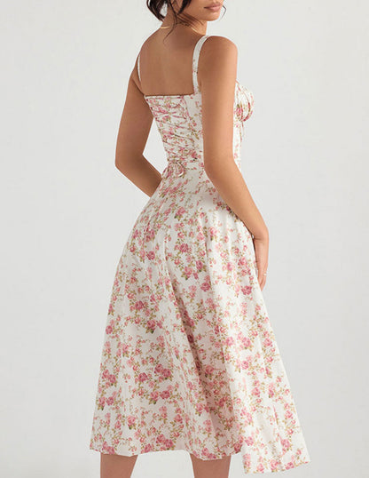 Ditsy Floral Print Sweetheart Corset Front Slit Midi Dress
