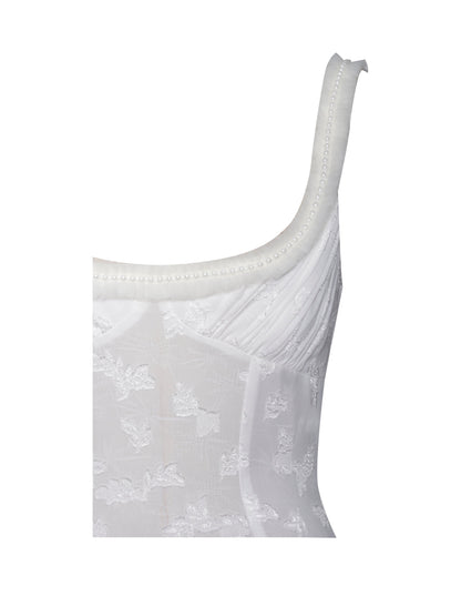 Ulissa White Square Neck Jacquard Trendy Textured High Slit Maxi Dress