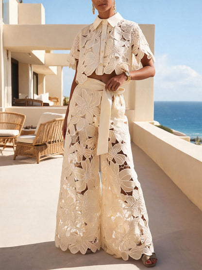 Openwork Bloom Shirt & Pants Set