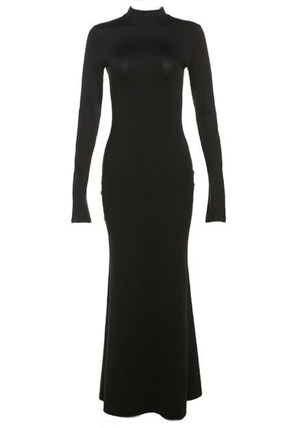 Mock Neck Long Sleeve Cut Out Back Bodycon Maxi Dress
