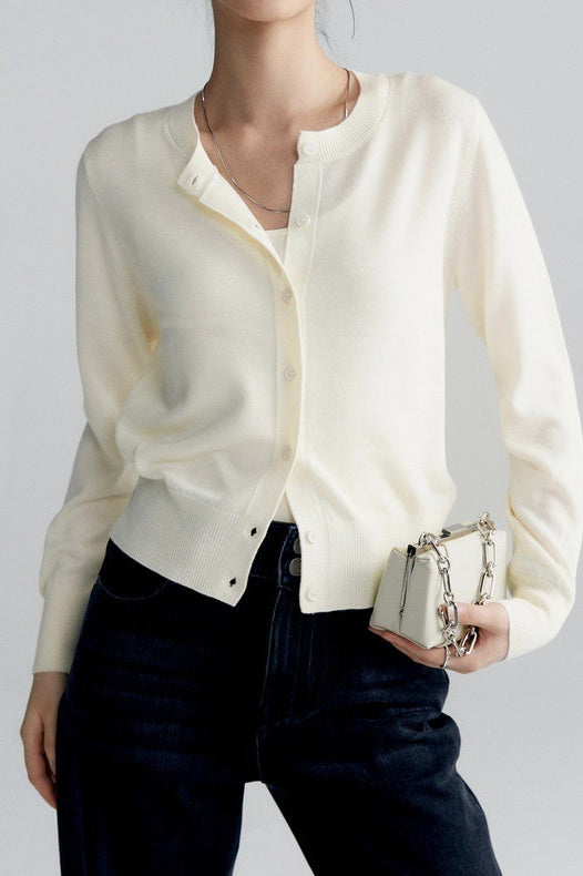 Solid Color Round Neck Knit Cardigan