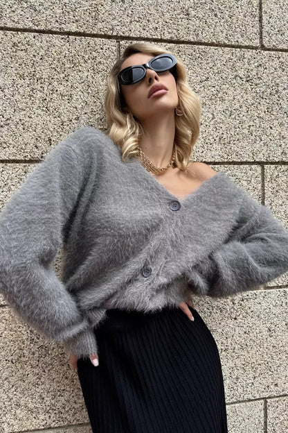Faux Fur V Neck Cardigan