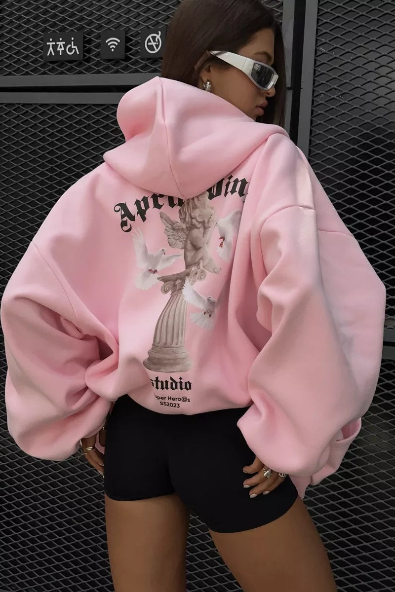 Retro Angel Dove Back Print Zip Hoodie