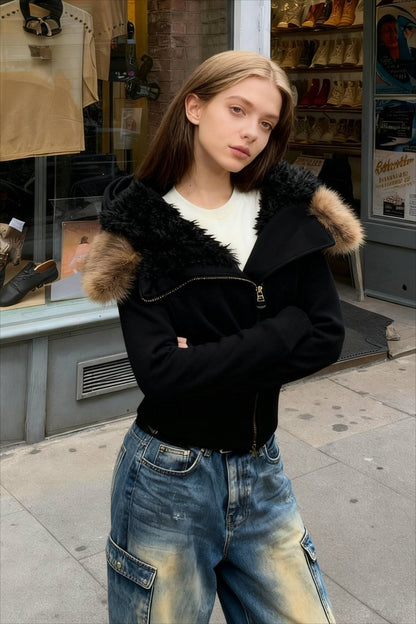 Fleece-Lined Hooded Fur-Collar Zip Short Jacket