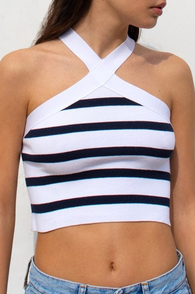 Striped Cross Front Halter Knit Top