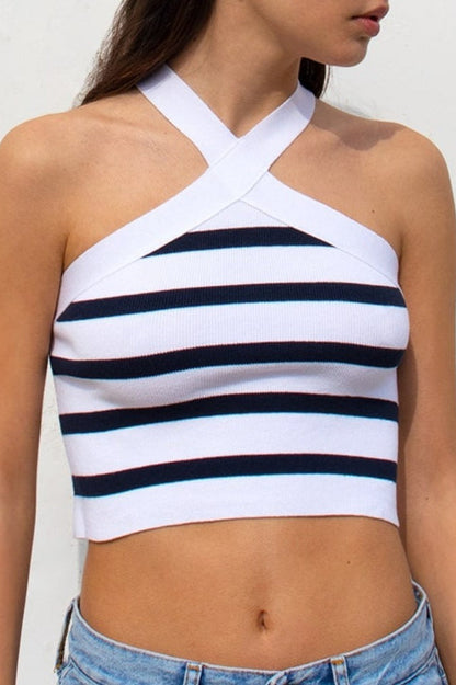 Striped Cross Front Halter Knit Top