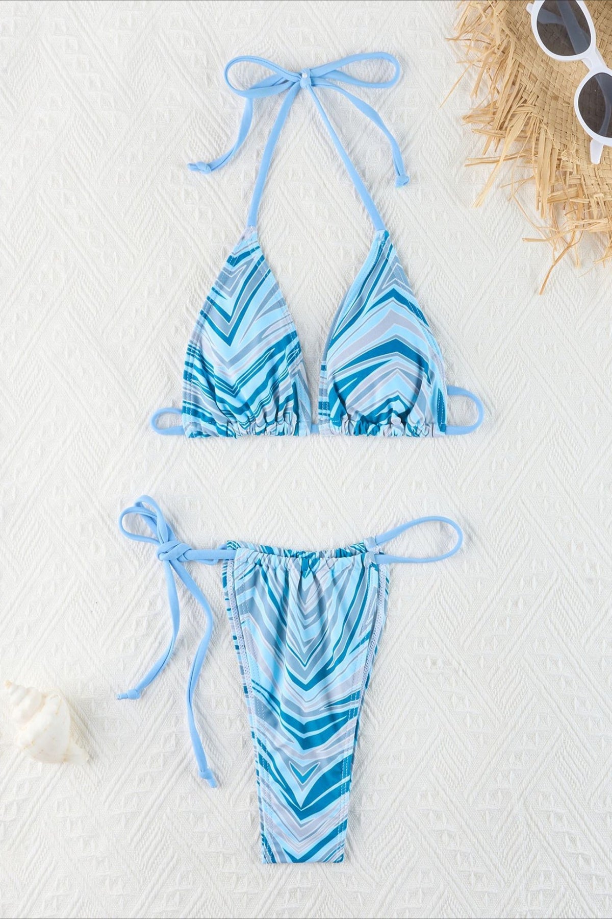 Retro Striped Halter Tie String Triangle Bikini Set