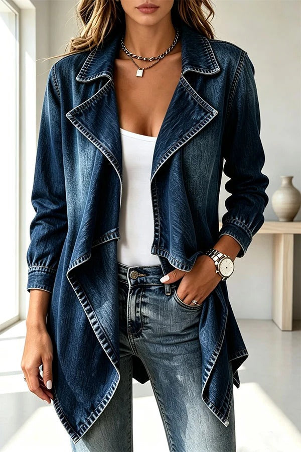 Alexandrea Denim Lapel Long Sleeve Mid-length Jacket Trench Coat