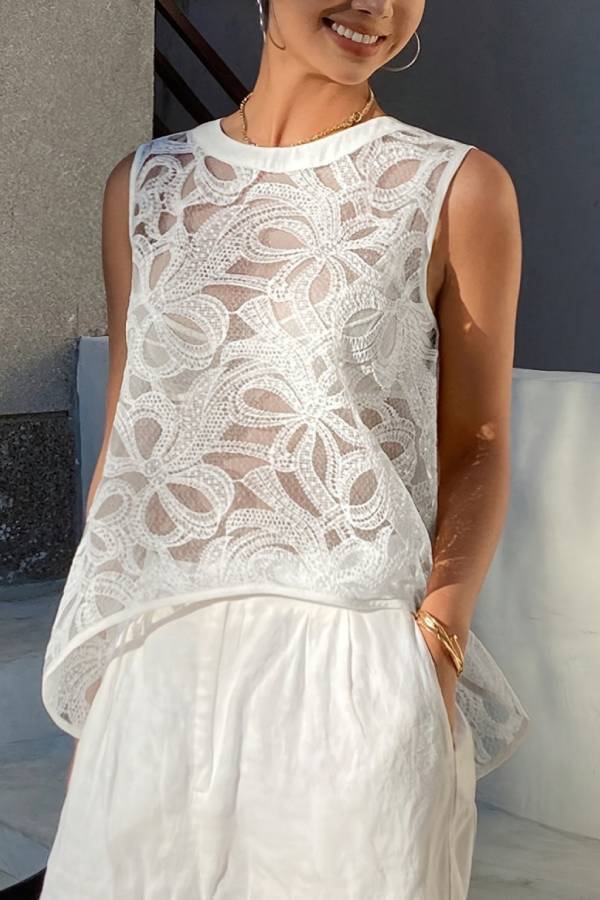 3D Floral Hollow Lace Irregular Sleeveless Tank Cover Up