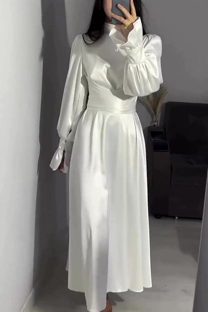 Mock Neck Bishop Sleeve Ruched Waist Satin Maxi Dress