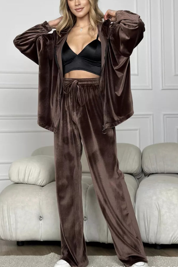 Velvet Zipper Hooded Pure Color Two -piece Suit
