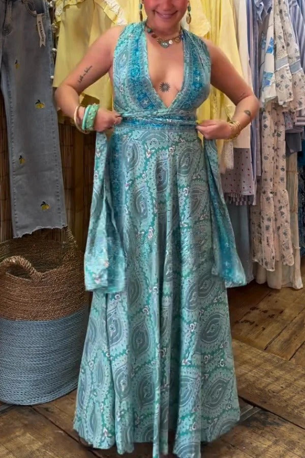 Unique Print Halter Neck Straps Backless Vacation Maxi Dress