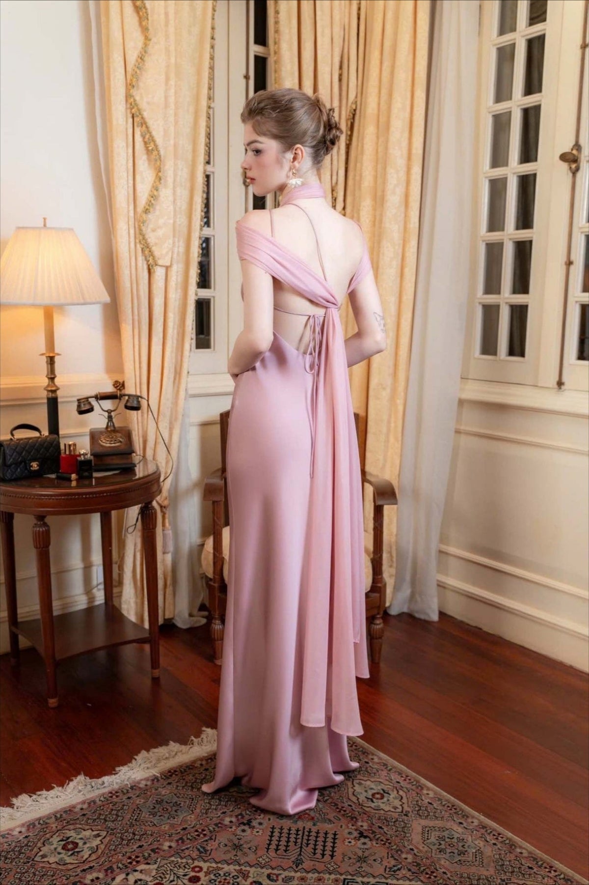 Elegant Satin Slant Neck Sheath Formal Dress