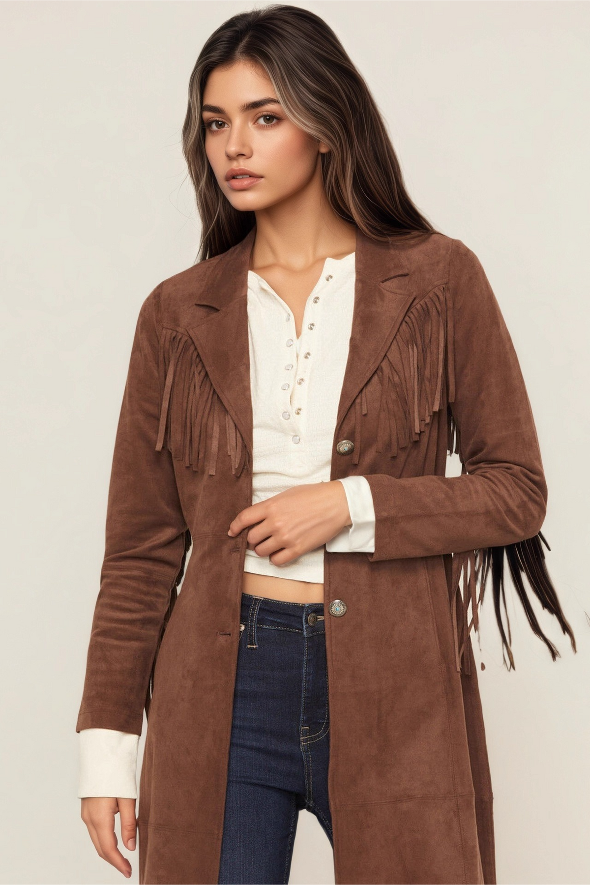Faux Fur Notch Lapel Long Fringe Long Sleeve Overcoat