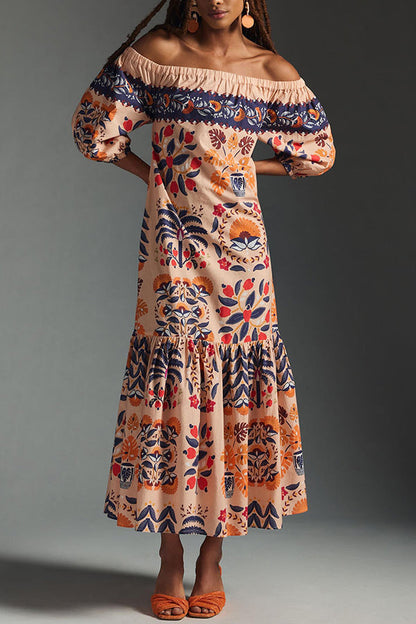 Off Shoulder Puff Sleeve Tiered Hem Tropical Print Pocket Maxi Dress