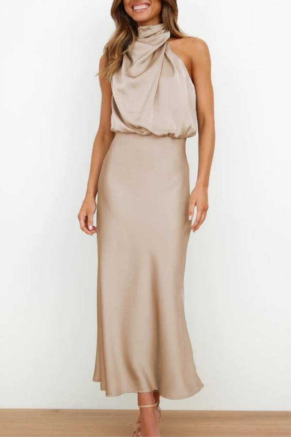 Halter Cowl Neck Satin Waisted Midi Dress