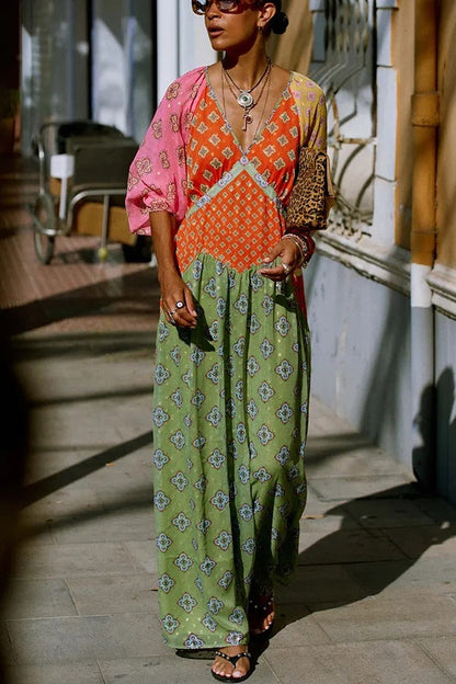 Genovah Colorful Tile Print Patchwork V-neck Balloon Sleeve Maxi Dress