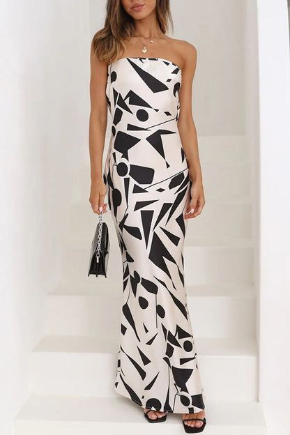 Strapless Geometric Print Satin Column Maxi Dress