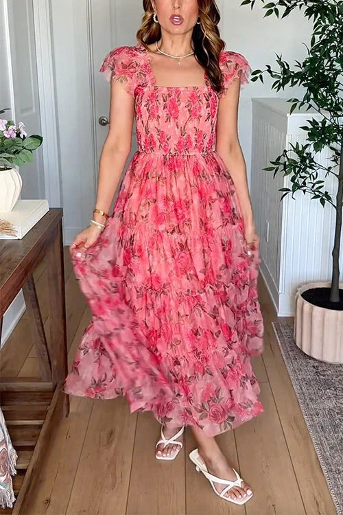 Square Neck Sleeveless Ruffle Tiered Midi Dress