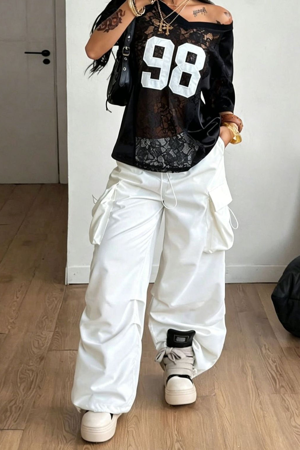 Graphic Print Lace Patchwork Loose Fit Short Sleeve Tee