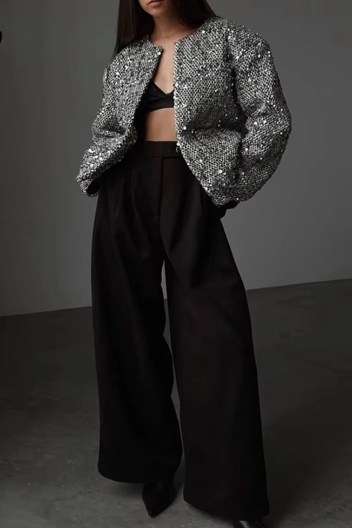 Solid Crew Neck Sequin Tweed Jacket