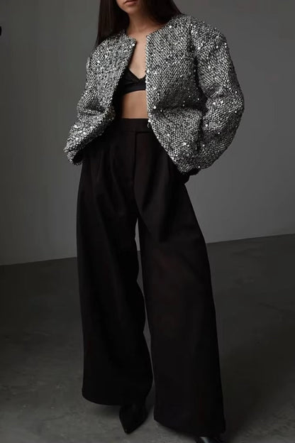 Solid Crew Neck Sequin Tweed Jacket