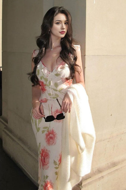 V-Neck Printed Backless Slip Dress